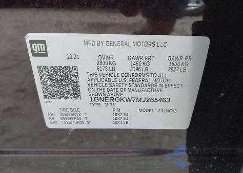 2021 Chevrolet Traverse Fwd Lt Cloth z USA, uszkodzony, nr VIN 1GNERGKW7MJ265463